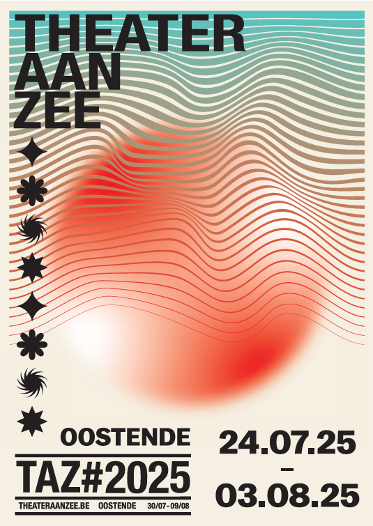 Grafisch posterontwerp voor Theater aan Zee 2025 met golvende lijnen en oranje-blauw verloop