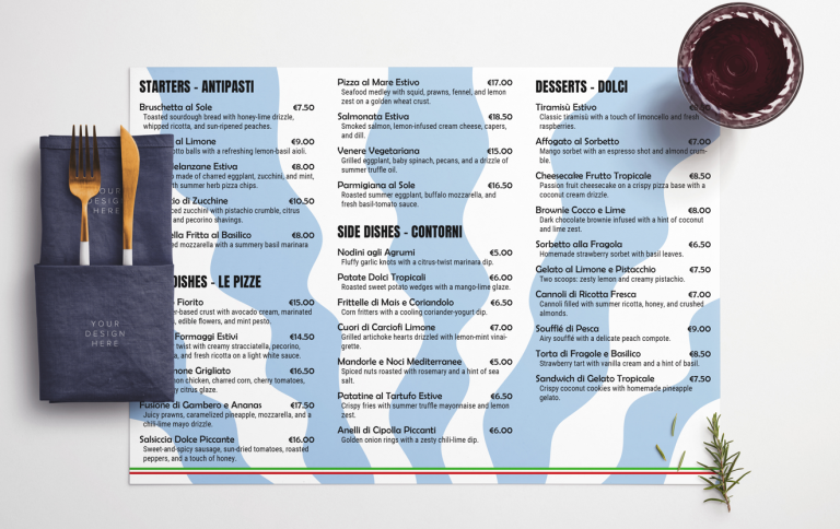 Seizoensgebonden winter menukaart ontwerp voor restaurant Quattro Stagioni in blauwe tinten mockup